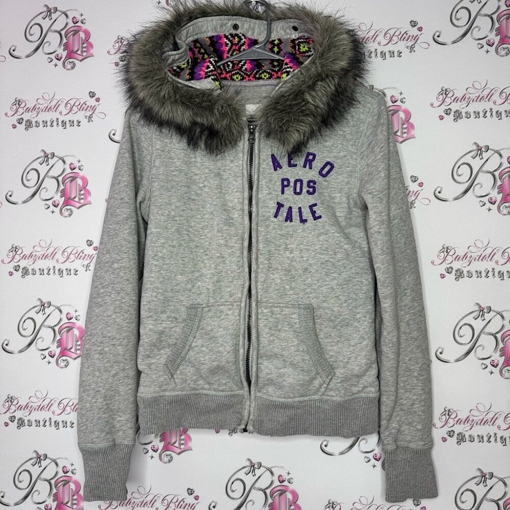 Aeropostale hoodie fur trim hood knit crochet neon inside hood zip up sweater